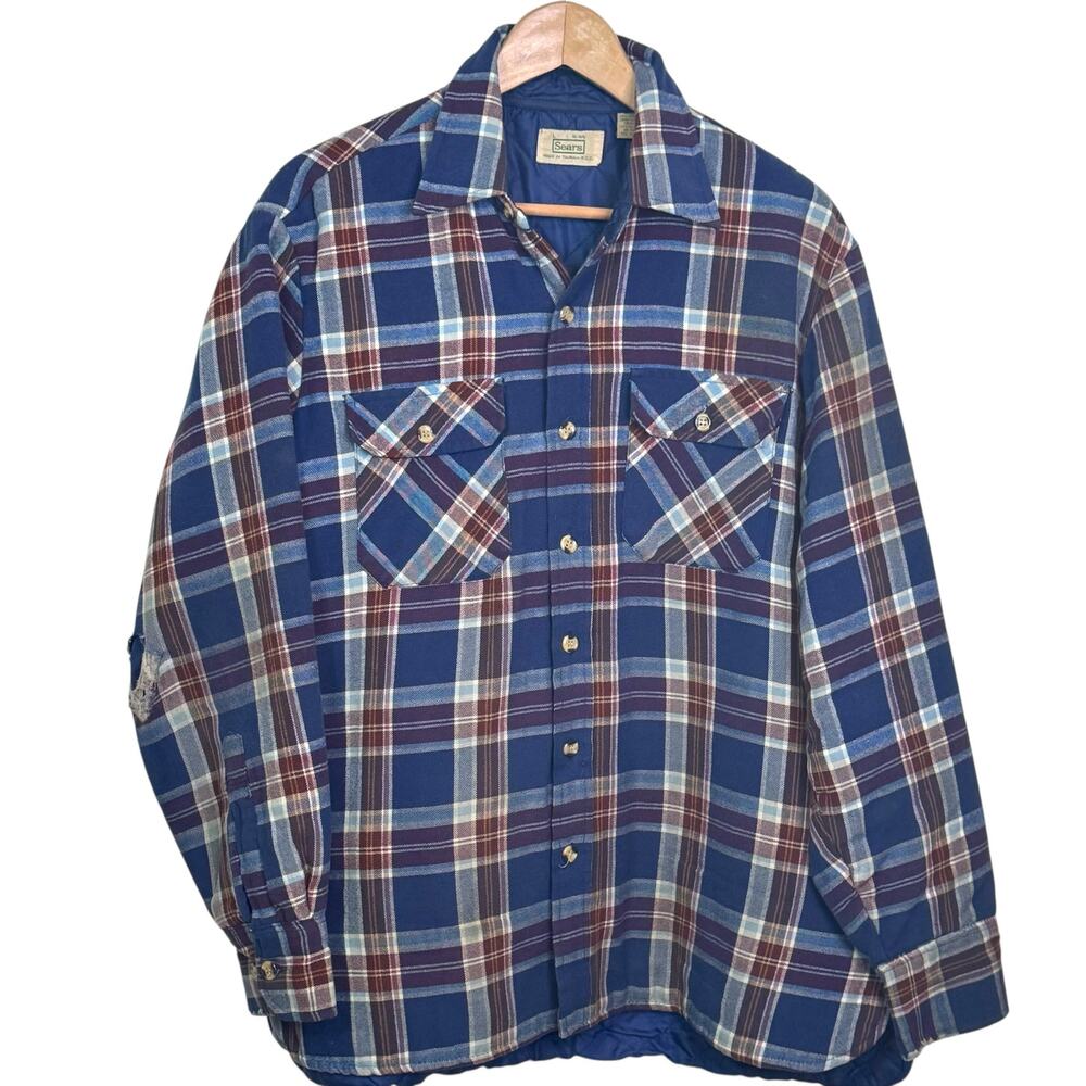 Vtg Sears Size Large Blue Plaid Quilted Lined Flannel Button Up Shirt